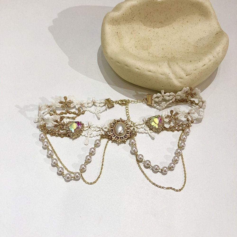 Exquisite Lace Pearl Choker Shiny Lolita Choker Necklace Fashion Rhinestone Tassel Necklace Women