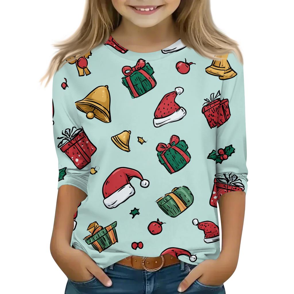 Children's 3/4 Sleeve Round Neck Top Christmas Tree Printed Everyday Casual Top