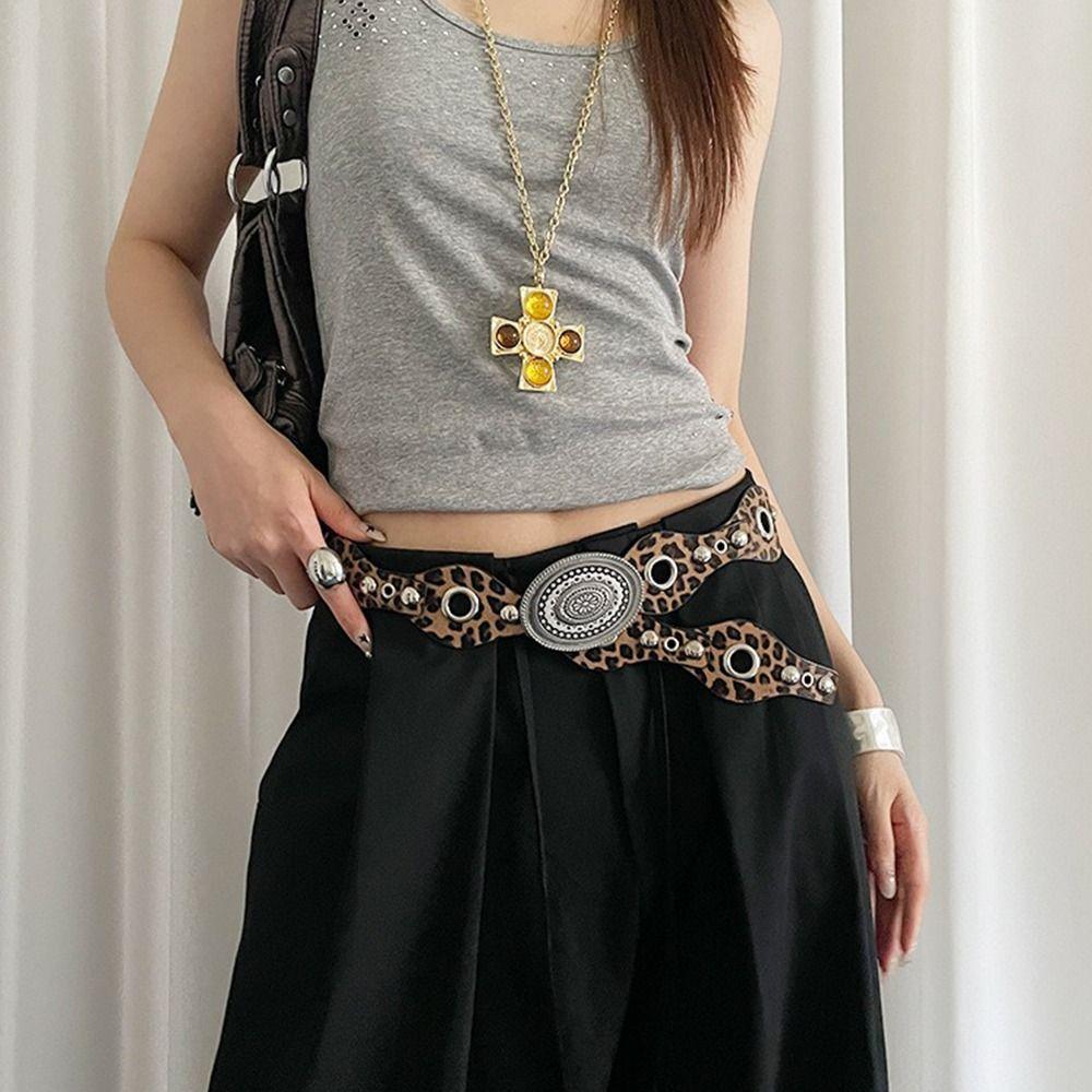 Vintage Women's Rivet Belt Leopard Dress Jeans Belt Leather Waistband  Waist Accessories