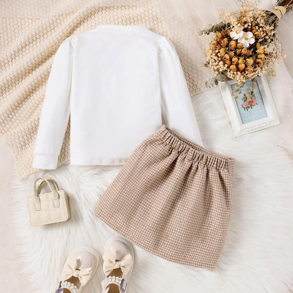 Комплекты одежды для маленьких девочек от 4 до 7 лет, вязаные топы с длинными рукавами и бантом, клетчатые юбки, наряды, детская одежда на осень и весну