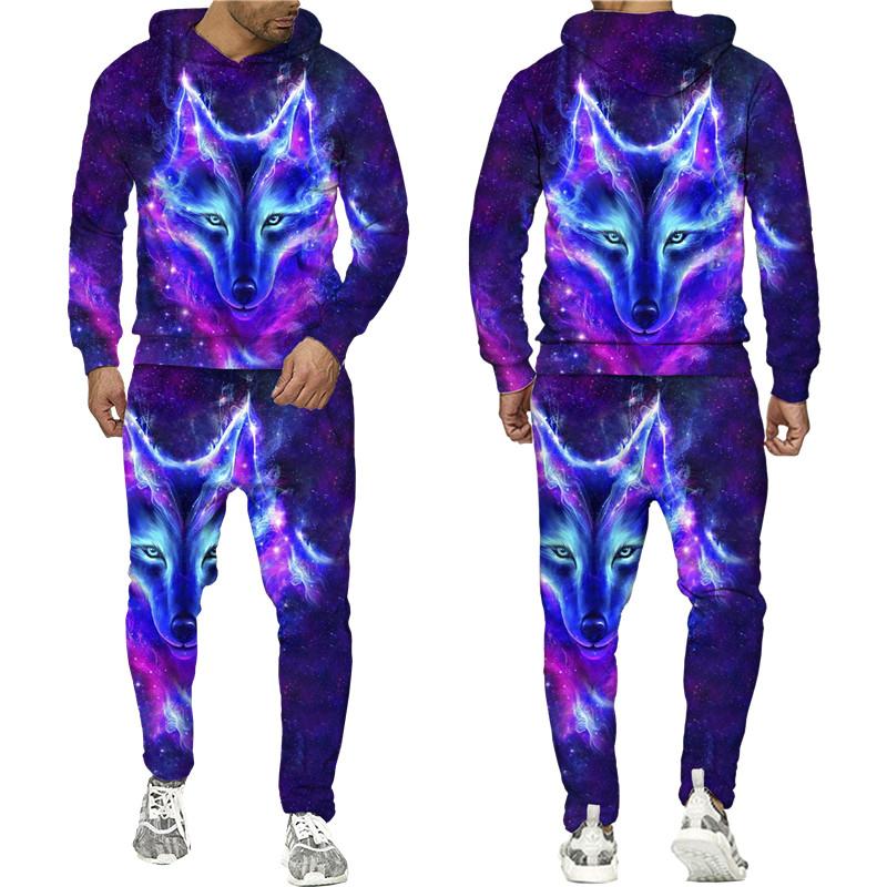 Красочный волк 3D принт толстовки костюм мужской повседневный пуловер толстовка брюки комплект из двух предметов крутая уличная одежда спортивный костюм для бега для пар