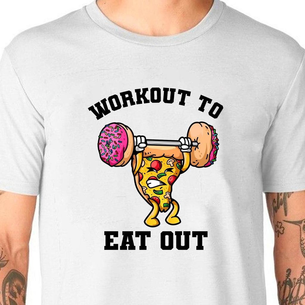 Workout to Eat Out T-Shirt Unisex Uneek T-Shirt Novelty Gym Gains Pizza Takeout Tee