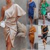 Party Night Satin Sexy Women Dress Summer Short Sleeve Bodycon Silk Dress Bandage Elegant One Shoulder Dresses 20075