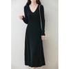 Solid Color V-neck Medium and Long Knitted Dress for Women's Autumn and Winter New Temperament Slim and Thin Over the Knee Primer Sweater Skirt