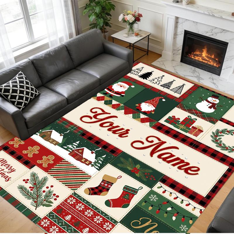 Christmas Custom Name Printed Square Area Rug Soft Non Slip Floor Carpet For Bedroom Holiday Gift