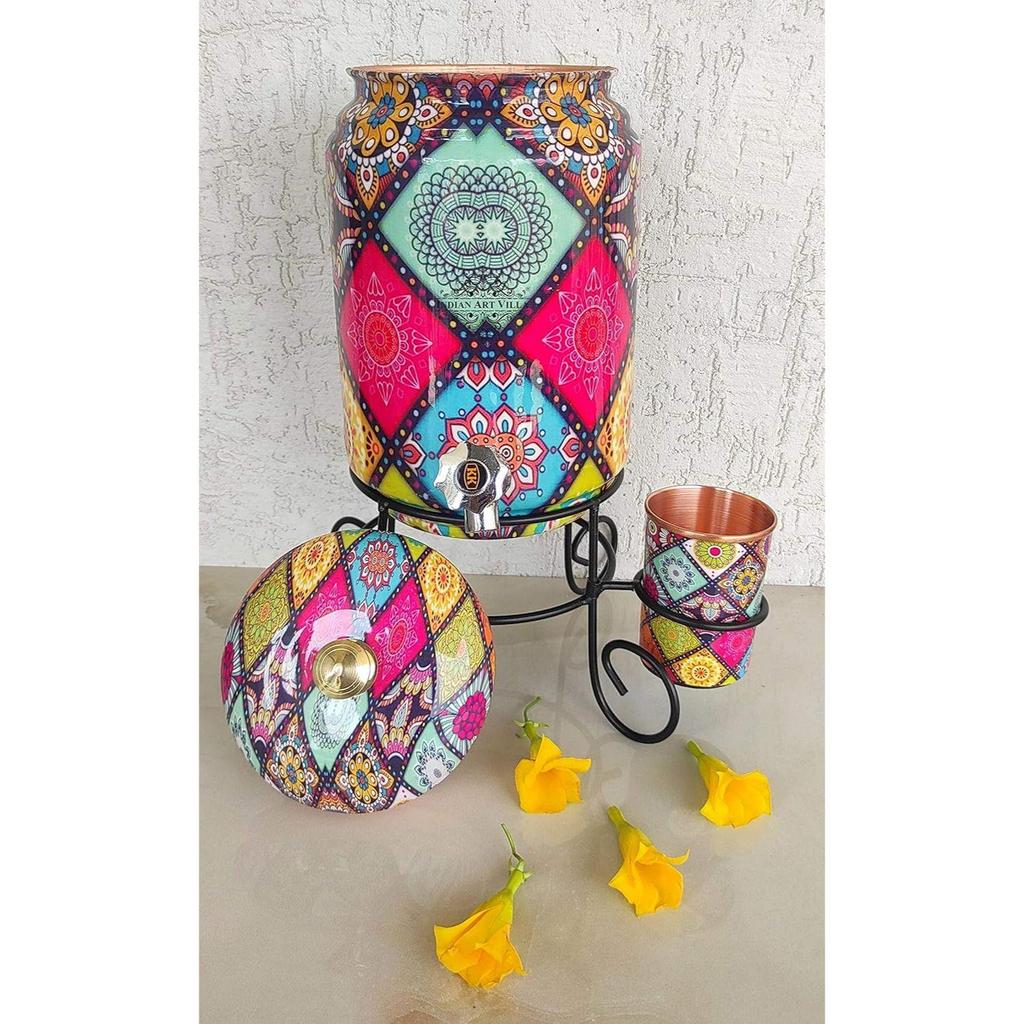 Кувшин для воды из чистой меди с цветным принтом в виде бриллиантов, тяжелый, с латунным краном, медным стаканом и подставкой, для хранения и подачи воды, объем - 5 литров