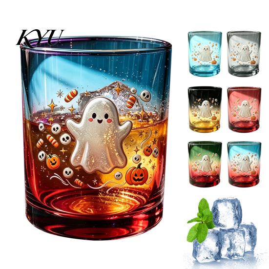 Spooky Pumpkin Party Cups Halloween Ghost Glass Cup, Colorful Gradient Aesthetic Tumbler with Decorative Holiday Drinkware Skull Print, Drinkware,