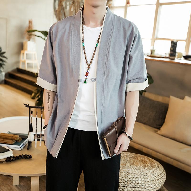 Мужская куртка в китайском стиле с рукавами-пятиконками, костюм Тан, свободный кардиган с пряжками в японском стиле, мужской халат и кимоно