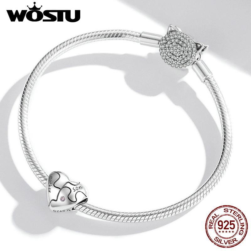 WOSTU Original Puzzle Pattern Love Heart Oxidized 925 Sterling Silver Beads Fit Bracelet Bangle Fine Jewelry
