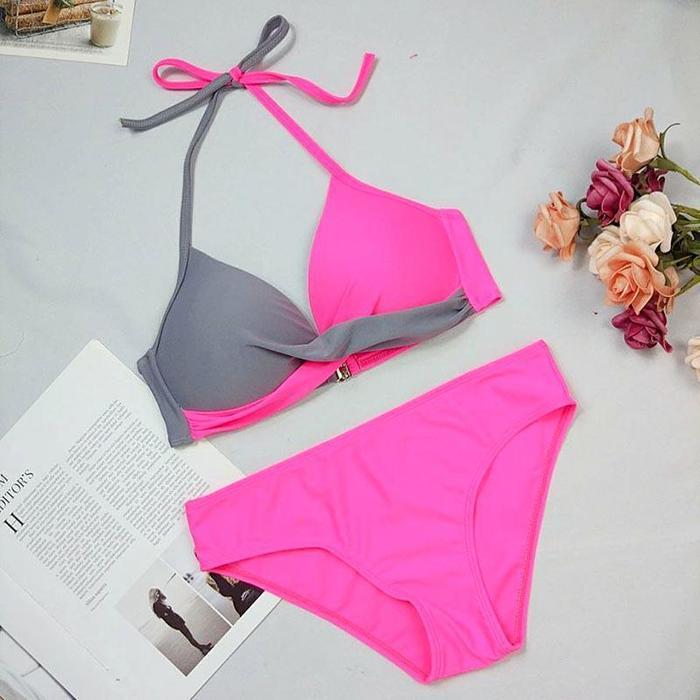 Women Sexy Narrow Necked Push Ups Split Swimsuit Summer V-neck Color Block Splicing Bikini Beach Suit