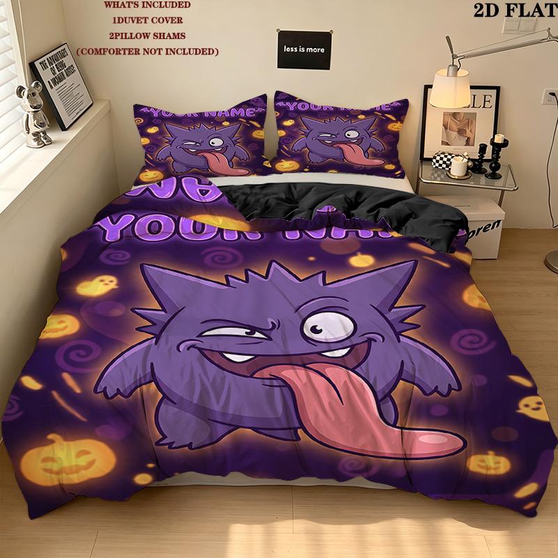 Custom Name,Gengar Pattern Bedding Home Decoration Birthday Gift ( 1 duvet cover + 2 pillowcase, without core),fan merchandise.