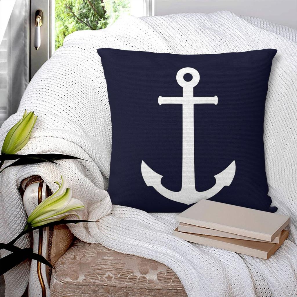 White Anchor On Navy Blue Square Pillowcase Pillow Cover Polyester Cushion Decor Comfort Throw Pillow for Home Car