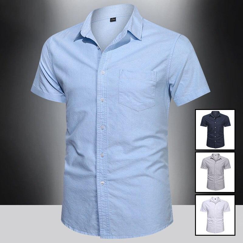 Men‘s Cotton Shirt Breathable Sweat-Absorbent Smart Casual Short-Sleeve Summer Men Solid Color Turn-Down Collar Shirts Plus Size