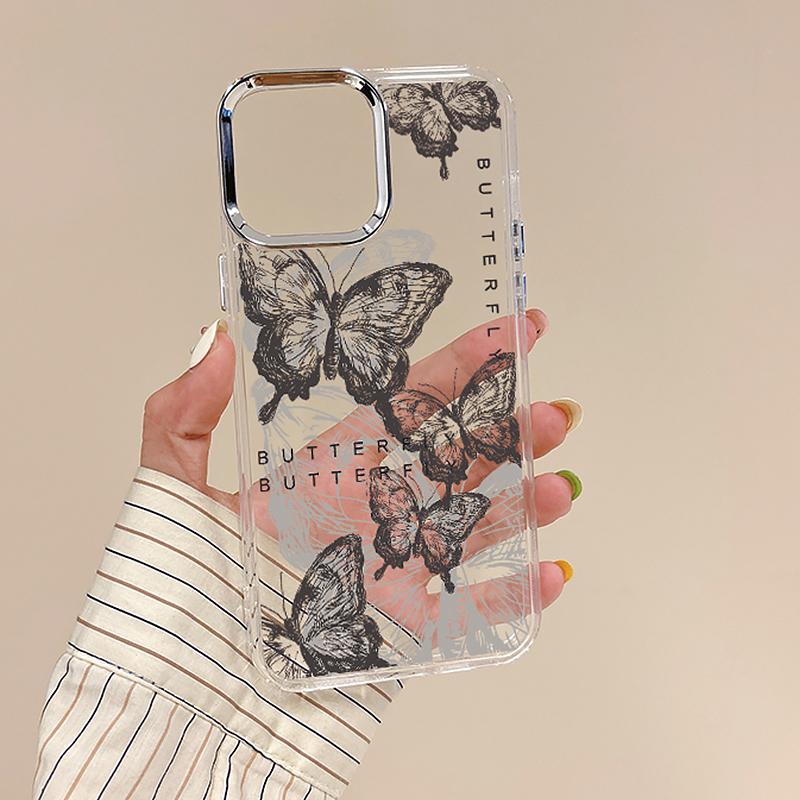 Electroplating Lens Frame Flower Butterfly Case For iPhone 15 16 Pro Max Plus 12 13 14 Pro 11 Transparent TPU Phone Cover