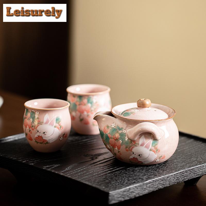 Strawberry Rabbit Ru Kiln фарфоровый чайный сервиз, набор ручной работы, 1 чайник, 2 чашки, портативный дорожный чайный сервиз, органайзер, столовая посуда