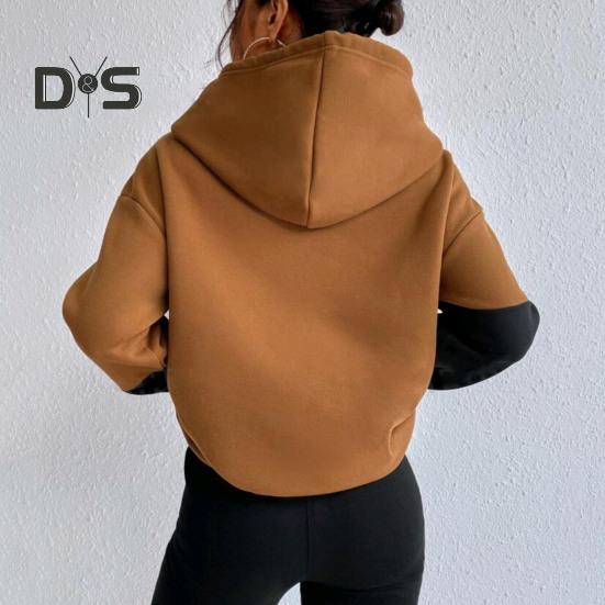 Женская толстовка с капюшоном на осень-зиму с цветными блоками, завязками на шнурке, длинными рукавами, эластичными манжетами и подолом, большим карманом, плотный спортивный топ для фитнеса