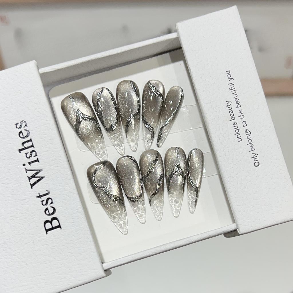 Advanced Atmosphere Hand-wearing Black Cracked Mirror Cat Eye Gradient French Water Ripples Detachable Fake Nails