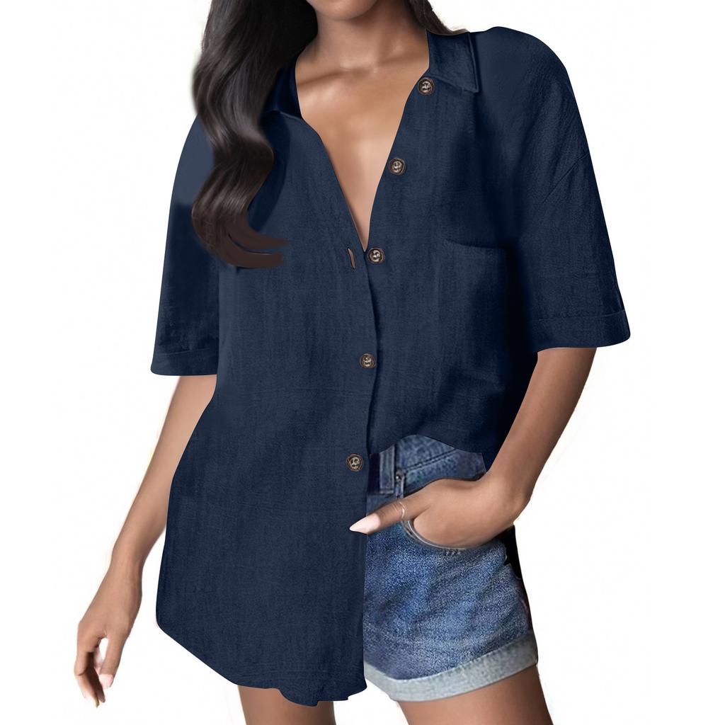 Женская однотонная рубашка свободного покроя из хлопка и льна с коротким рукавом и застежкой на пуговицы, с карманом