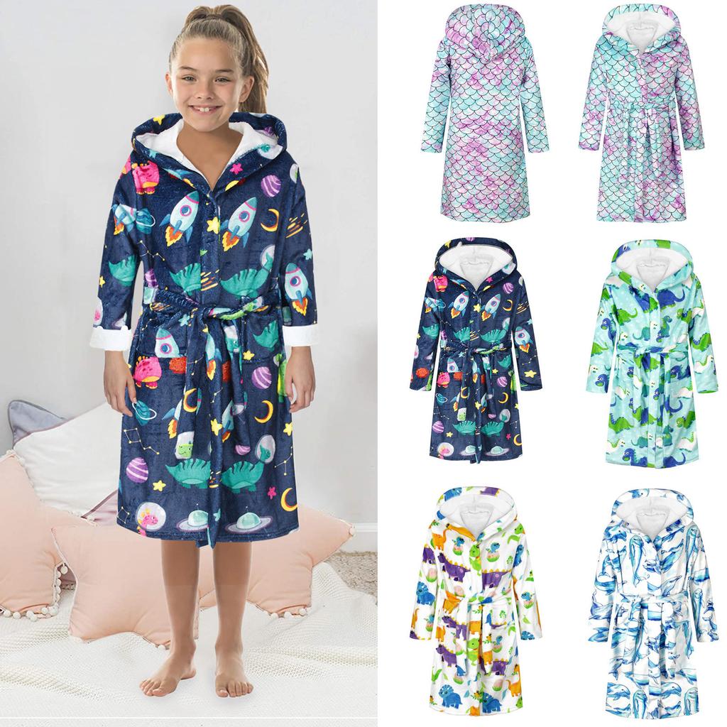 Sagit Boys Girls Cartoon Print Bathrobes Flannel Night-Robe Sleepwear