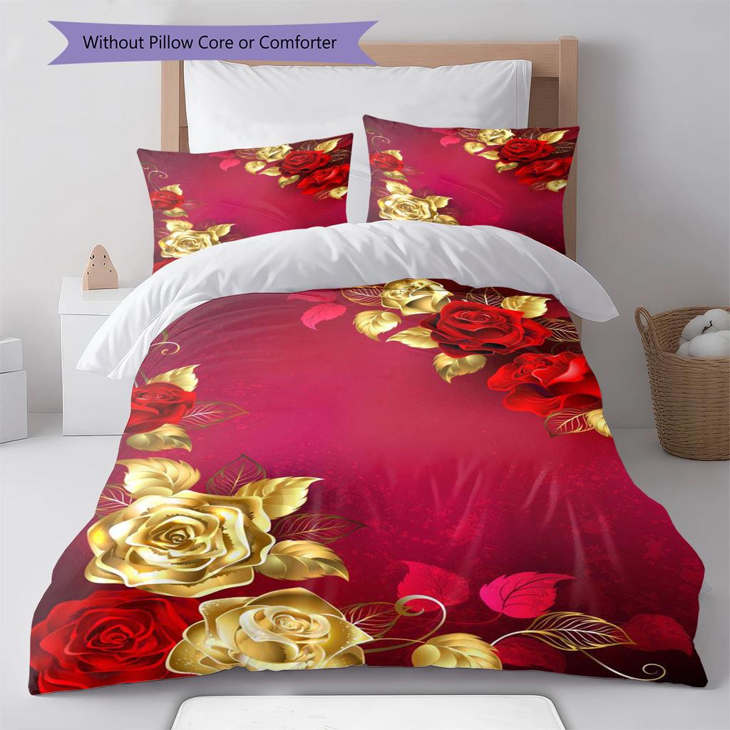 Golden Flower Pattern Bedding Quilt Set Quilt Cover Pillowcase Home Decoration Gift (1 * duvet cover + 2 * pillowcase, without core)