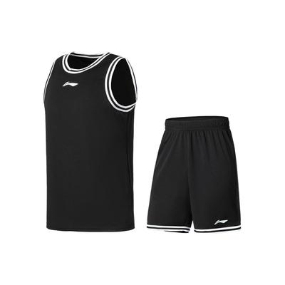 Баскетбольная серия Li Ning, безрукавный жилет с графическим принтом и эластичные шорты со средней талией, повседневный спортивный комплект для мужчин, черный, черно-белый AATU047-3