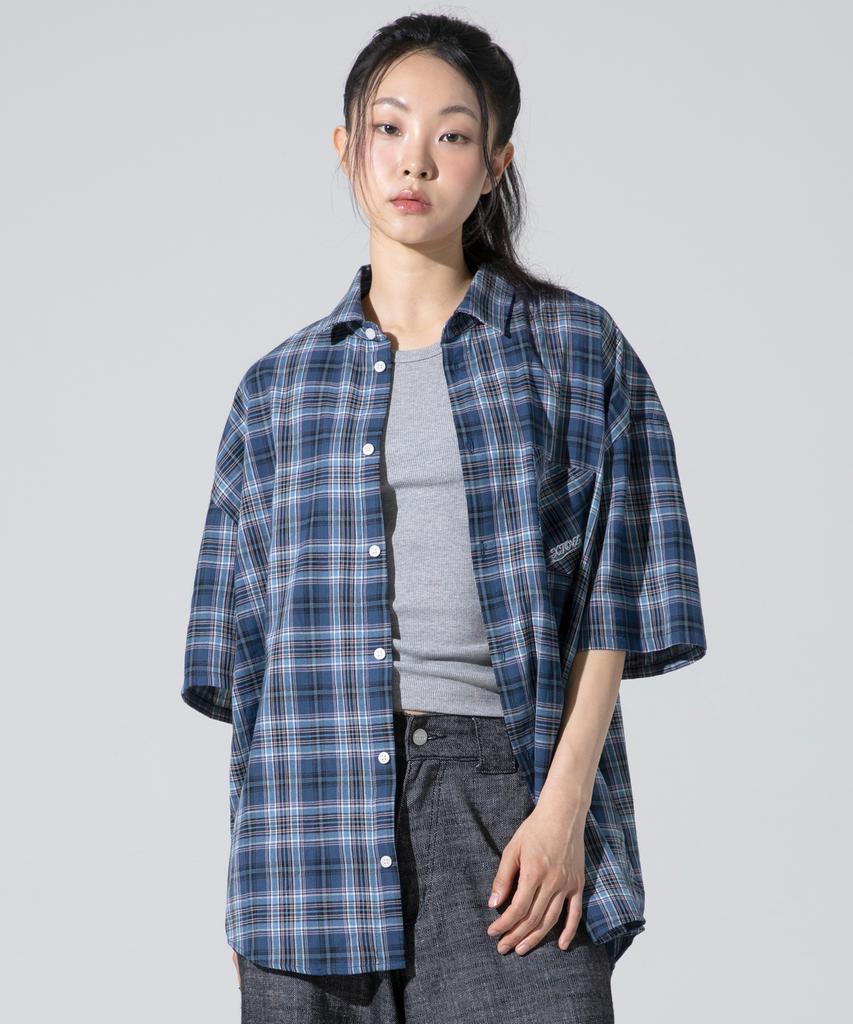 XTONZ Xts039 One Pocket Check Half Shirt (Blue)