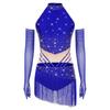 Womens Latin Figure Skating Leotard Sleeveless Back Hollow Out Tassel Skirted Bodysuit Mesh Gloves Dancing Costume