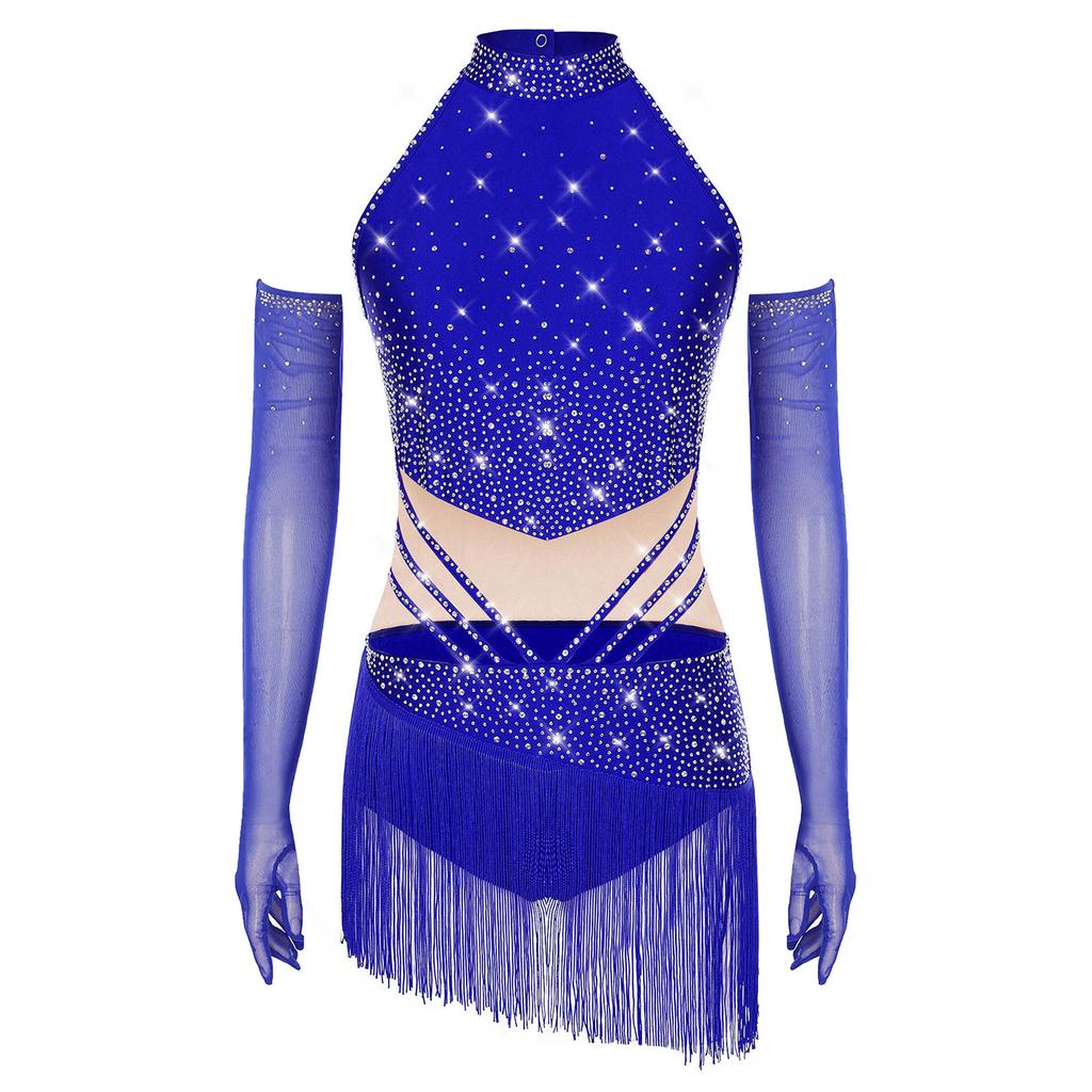 Womens Latin Figure Skating Leotard Sleeveless Back Hollow Out Tassel Skirted Bodysuit Mesh Gloves Dancing Costume