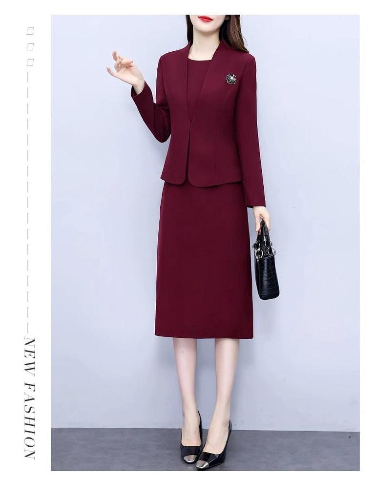 Красный ангоровый облегающий формальный комплект из платья и юбки - Профессиональная весенне-осенняя рабочая одежда для руководителей