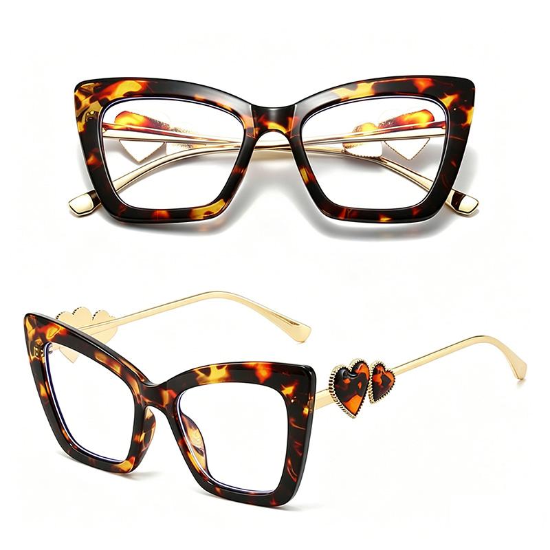 Trendy Cat Eye Blue Light Glasses with Metal Love Inlay, Unisex Anti-Fatigue Computer Eyewear, Fashion Eyeglasses for Men & Women