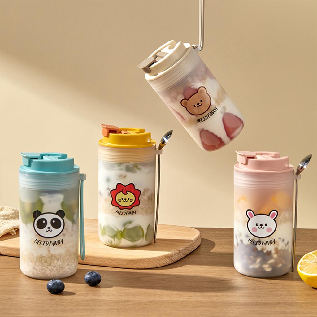 350Ml Cute Breakfast Cups With Lid & Spoon Portable Reusable Leak Proof Salad Yogurt Cup Oat Containers Microwave Safe