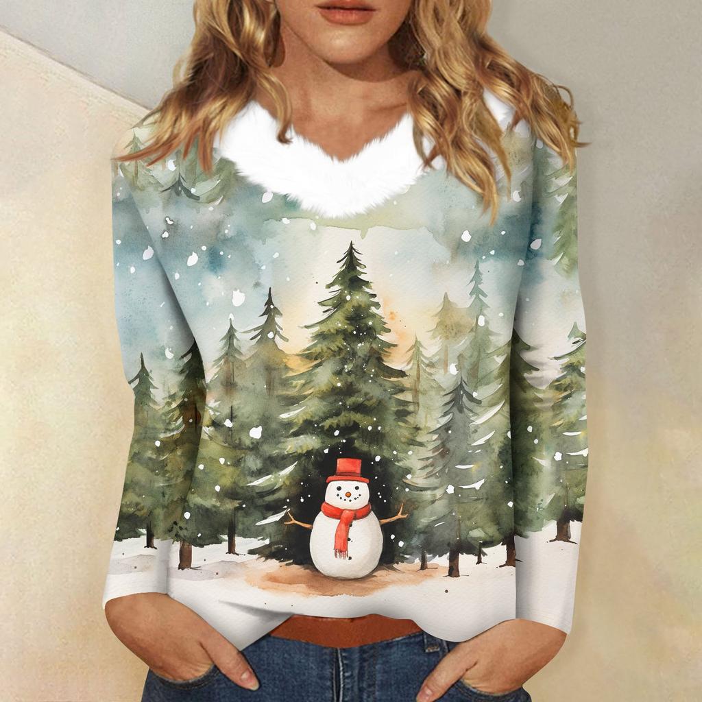 Женская футболка с длинным рукавом, рождественская вечеринка, плюшевый воротник, топ с V-образным вырезом