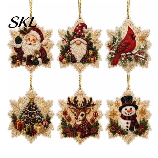 Christmas Door Wall Decor 6 Pcs Pearl Art Ornaments, 2D Flat Acrylic Holiday Tree Pendant, Santa Hanging Ornaments Effect Decoration for Home