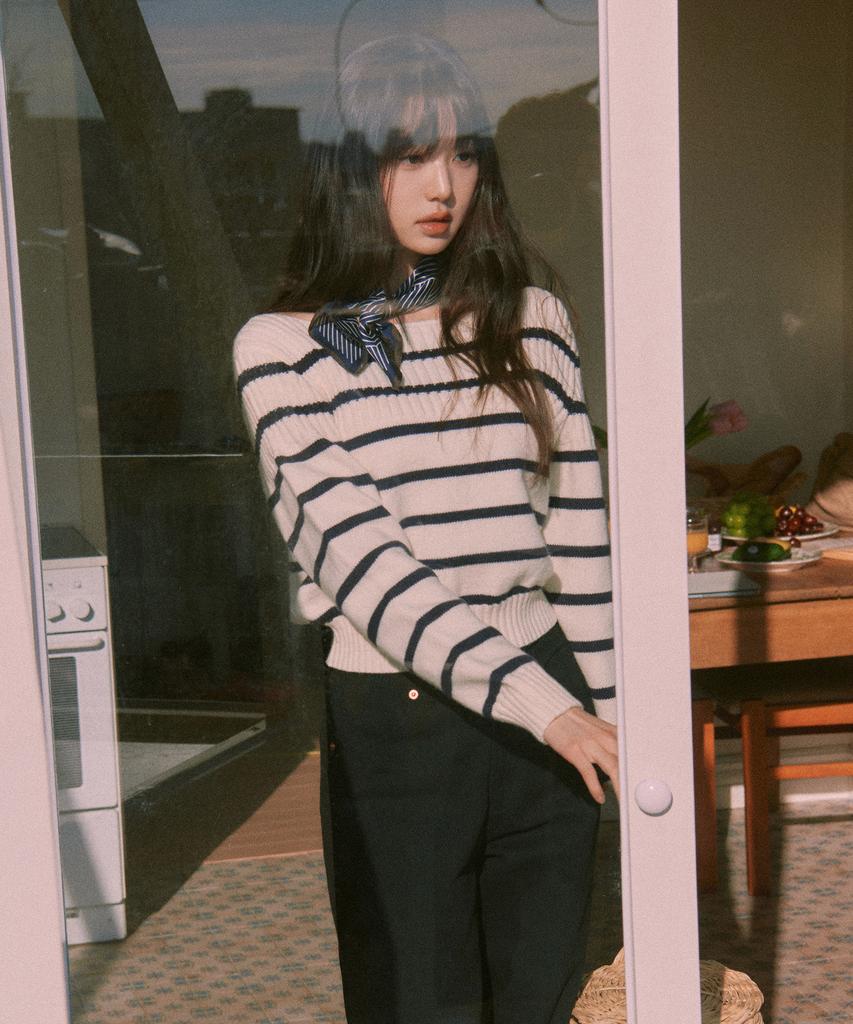 ROLAROLA Stripe Boat Neck Knit Wh+Nv