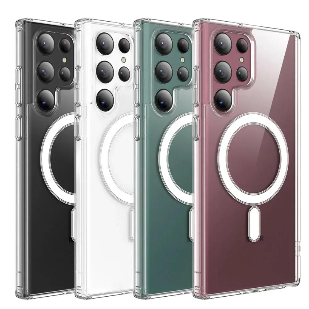 Оригинальный магнитный чехол Magsafe для Samsung Galaxy S25 24+ 21 FE S22 Plus S23 Ultra Plus с беспроводной зарядкой, противоударный прозрачный чехол