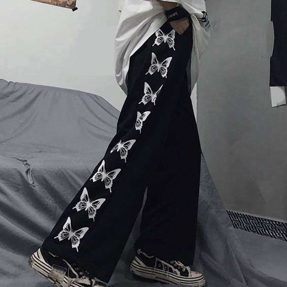 Джинсы в стиле хип-хоп, уличная одежда, женские прямые эластичные джинсы с высокой талией и принтом бабочки, широкие брюки в стиле панк, джинсы Харадзюку