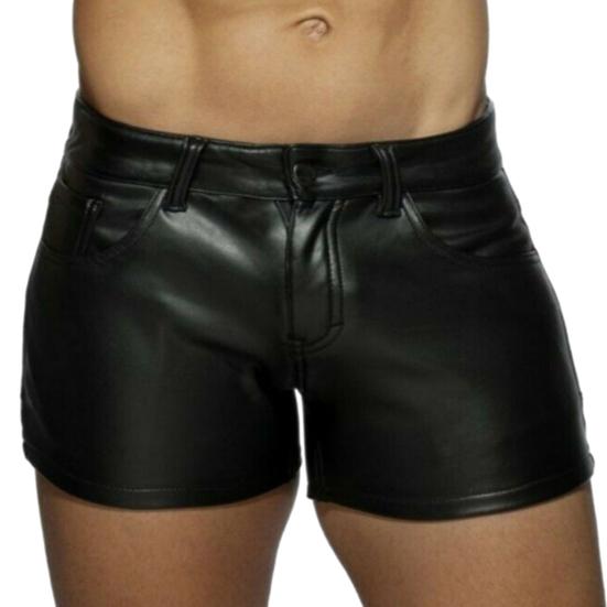 Men Shorts Faux Leather Solid Color Soft Button Zipper Closure Pockets Smooth Slim Fit Mid Waist Plus Size Party Club Mini Shorts
