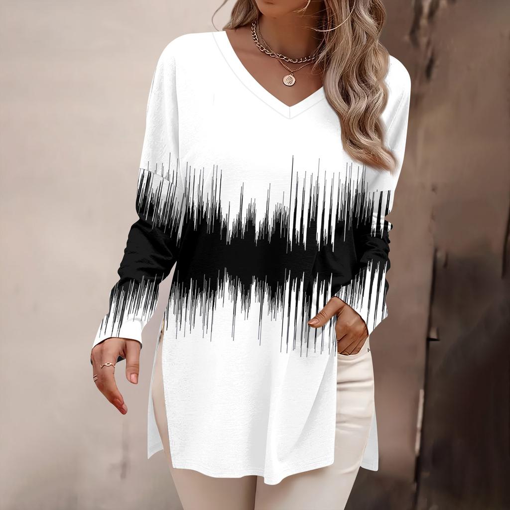 Women's Fashion Long Sleeve Shirts Print Loose Fitted V-Neck Basic Tops Casual Outfits
