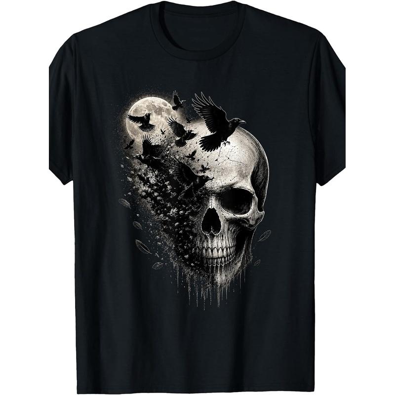 Moonlit Raven Skull Dark Fantasy Art T-Shirt