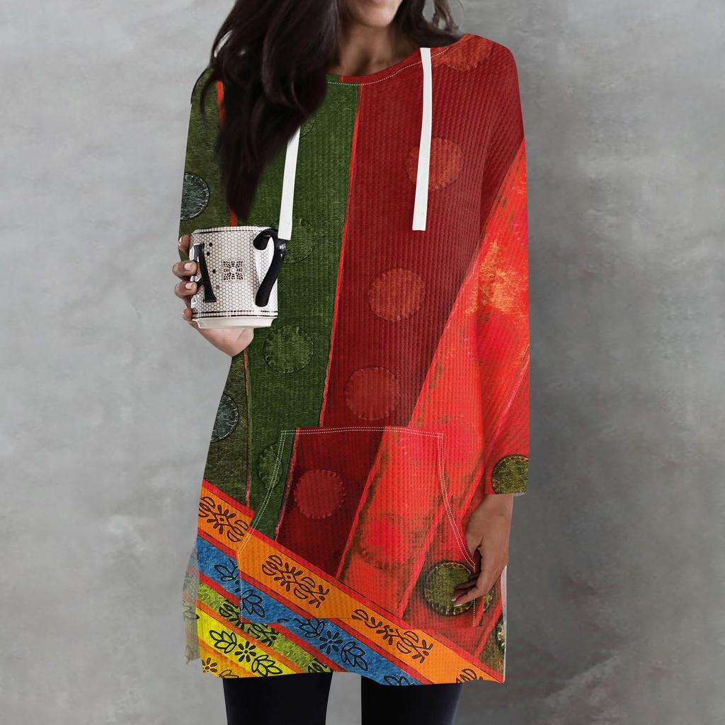 Женские свободные рубашки с принтом, длинные рукава, толстовки с завязками, трикотажные туники с боковыми разрезами, топы с капюшоном и карманом