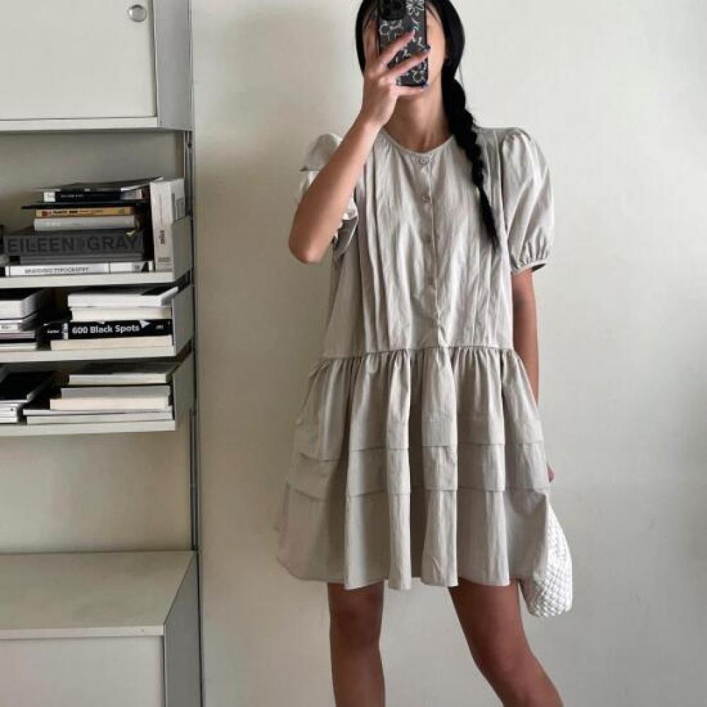 New Arrivals Open Run Women Frill Cankang Pin Tuck Nylon Mini Dress Button