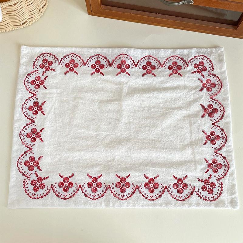 1Pc Placemat Retro Style Cotton Rural Style Embroidered Originality Photography Props Decorative Cloth Figure