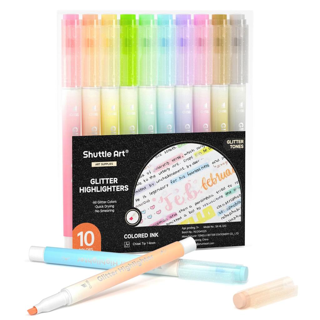 Shuttle Art Glitter Highlighter Pen Set highlighter pens with chisel and Includes clips for card DIY and Perfect for and Cute and (10 pens)
