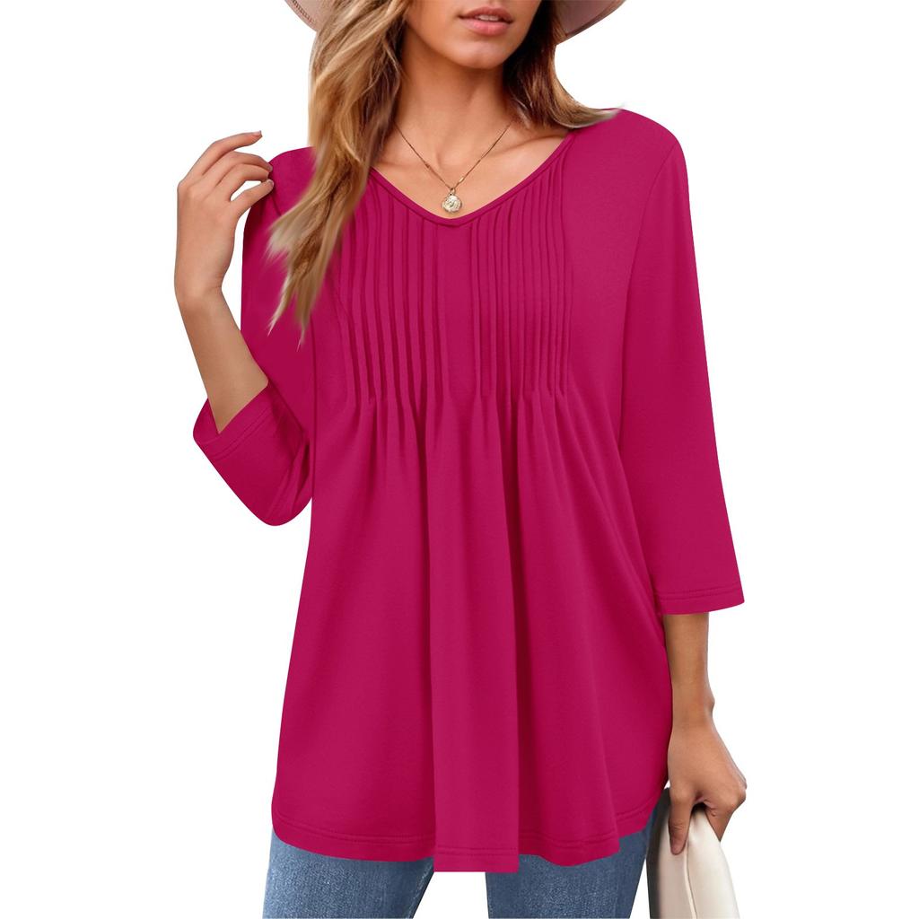 Женские топы с V-образным вырезом и рукавом три четверти в полоску, плиссированные, повседневные, летние, модные, рубашки