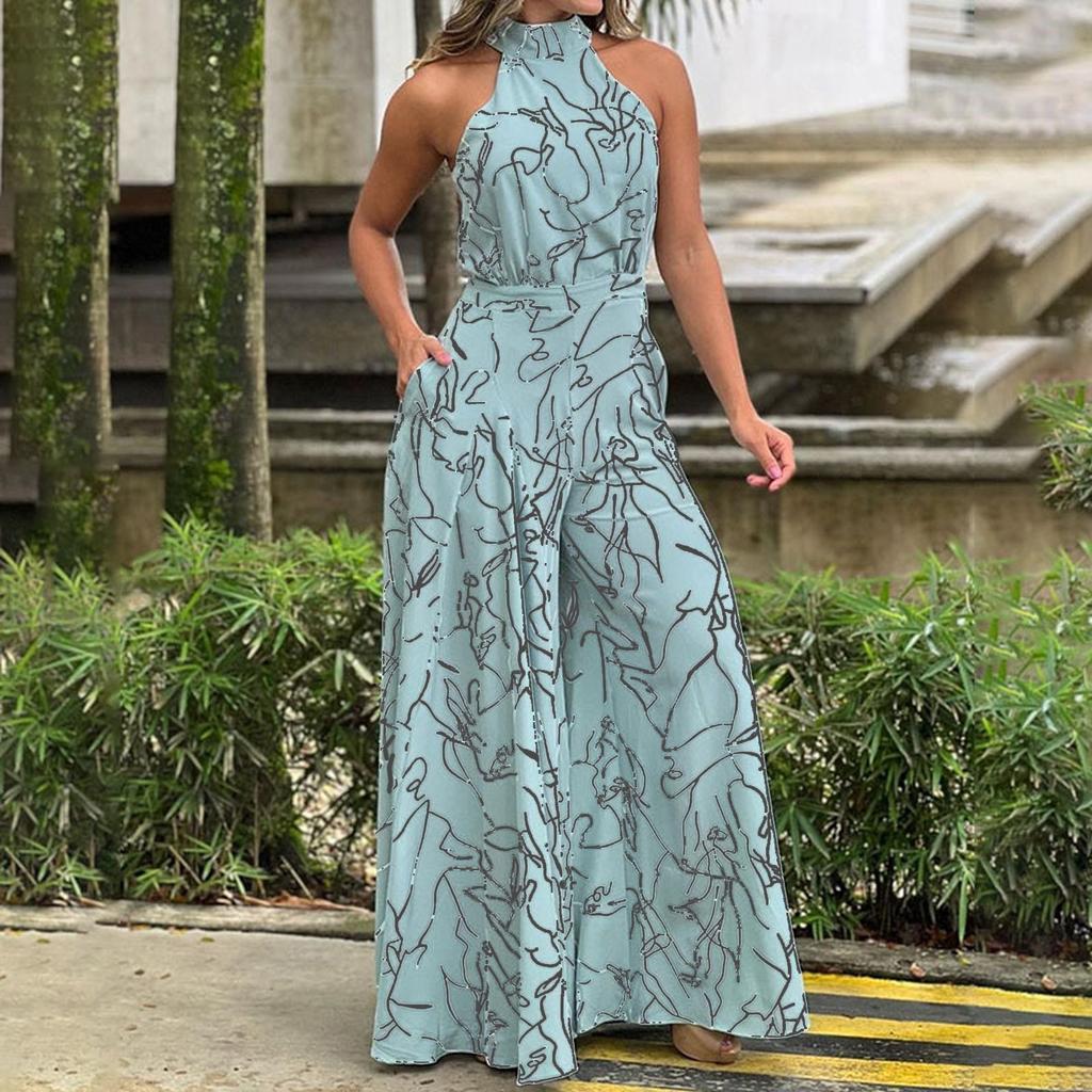 Женский темпераментный элегантный комбинезон без рукавов с завязками на талии и подвесным воротником с принтом