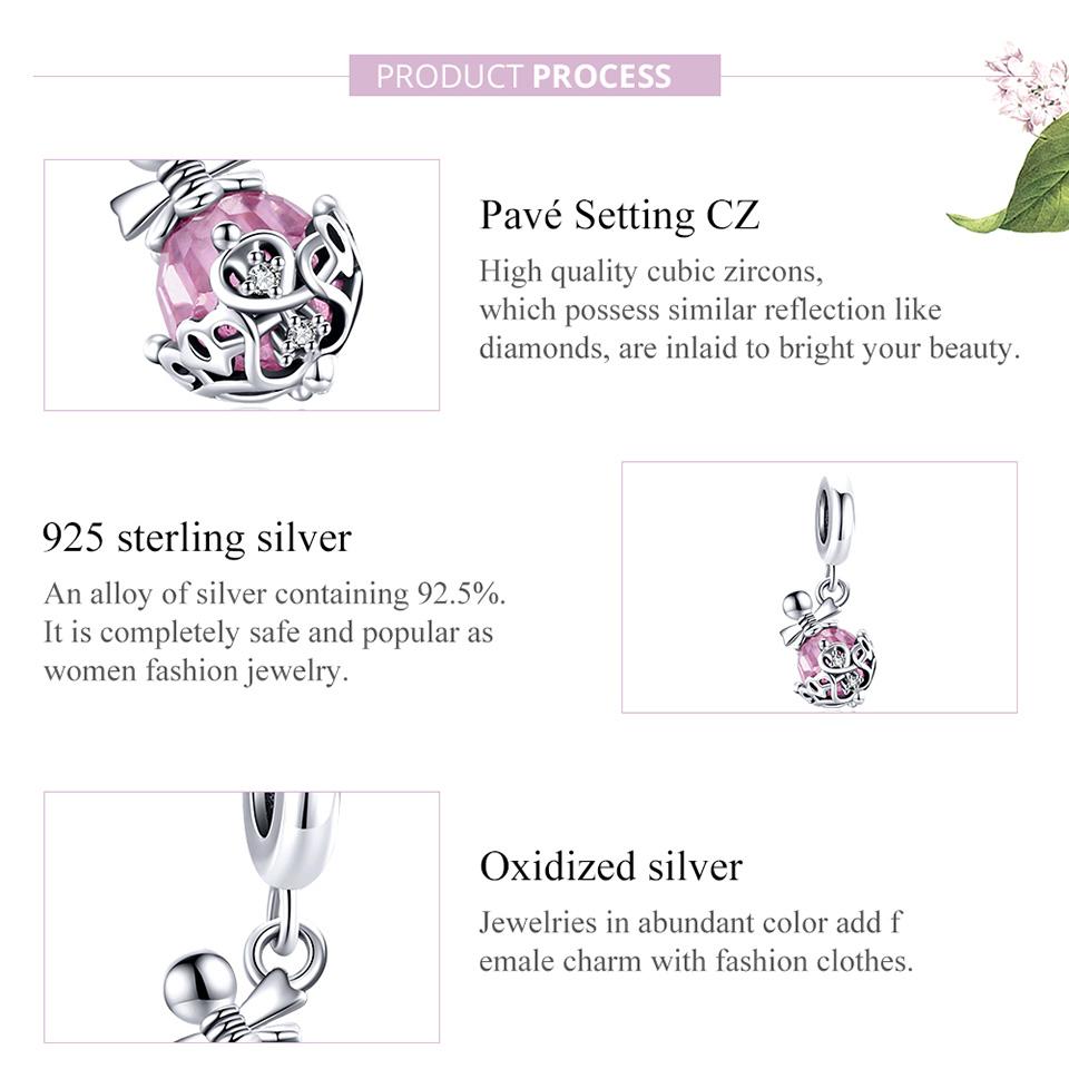 WOSTU 925 Sterling Silver Shiny Pink Cubic Zirconia Retro Patterns Perfume Bottle Charm Pendant for Original 3mm Bracelets & Necklaces