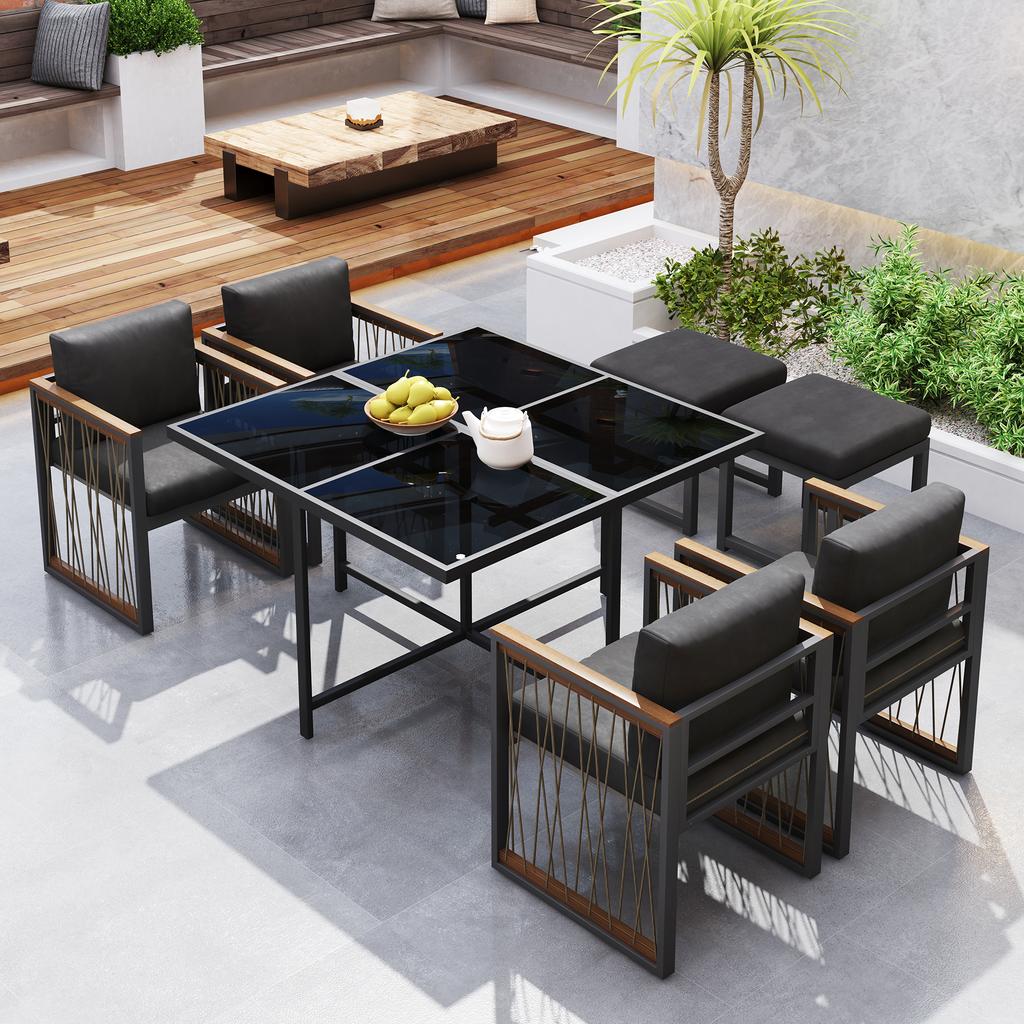 7-Piece dining table and chair set for 6 people, table made of tempered glass, armrests of plastic and wood, suitable for backyard, garden patio