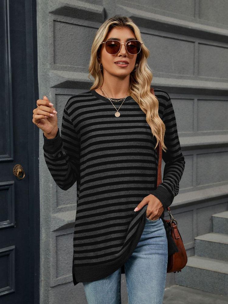 Элегантная и модная осенне-зимняя удобная однотонная полосатая футболка с круглым вырезом и длинными рукавами, повседневная футболка, свитер, толстовка с капюшоном