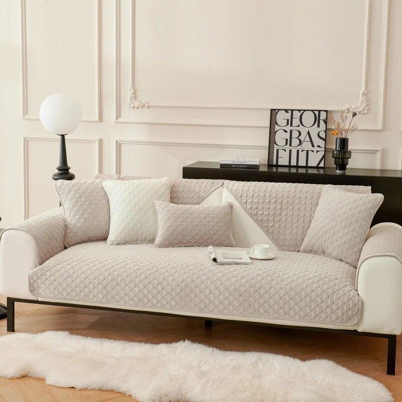 Super Soft Plush Sofa Cushion Winter Non-Slip Cushion Thickened Houndstooth Solid Color Sofa Cover Plush Cover Cloth Towel