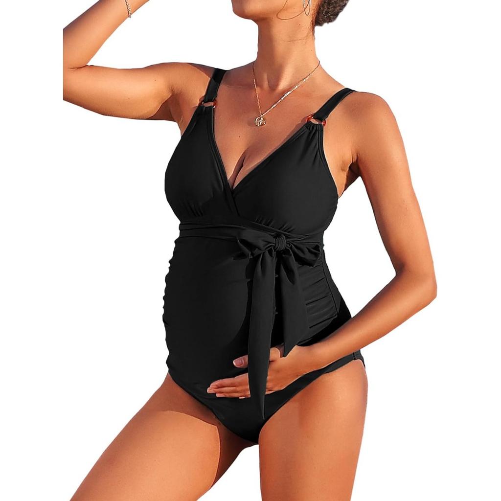 CHARMLEAKS Купальник для беременных Цельный купальный костюм с V-образным вырезом для беременных с завязками спереди и рюшами Купальники